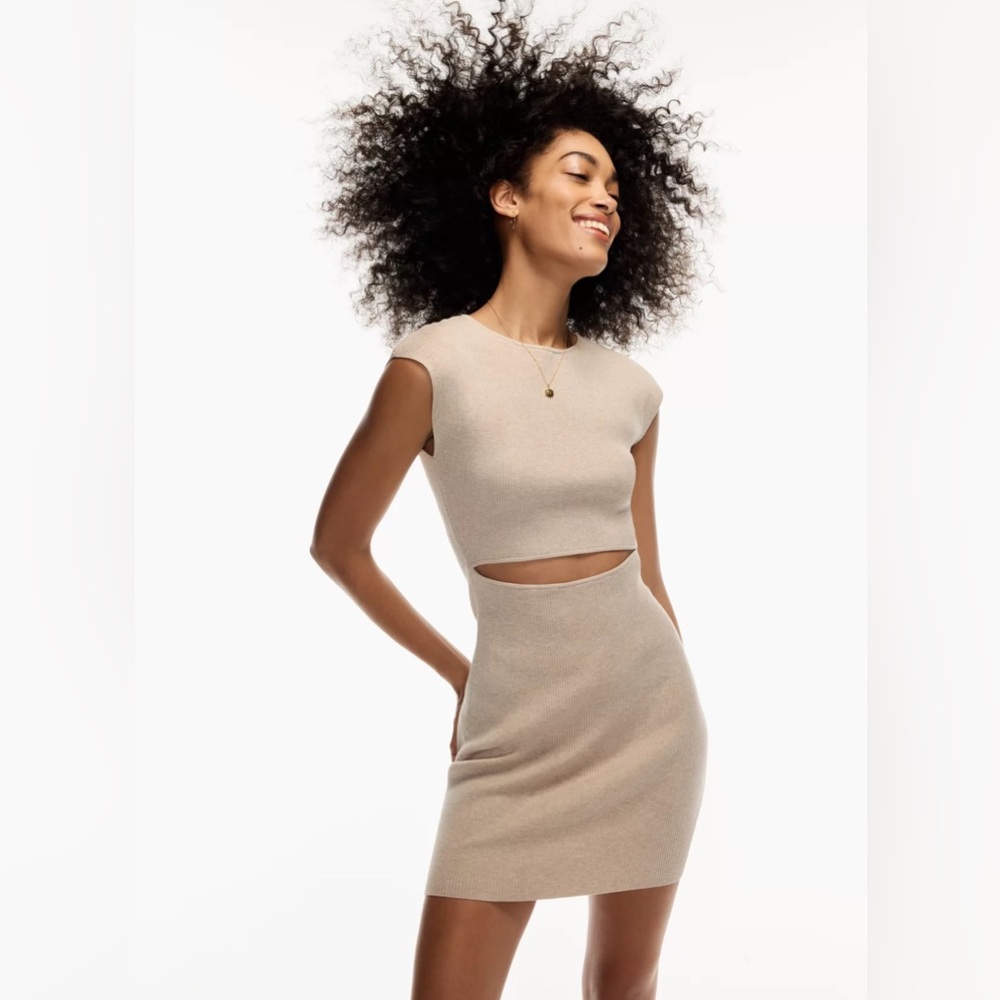 Aritzia Wilfred Free Knit Cut Out Mini Dress Heather Bone